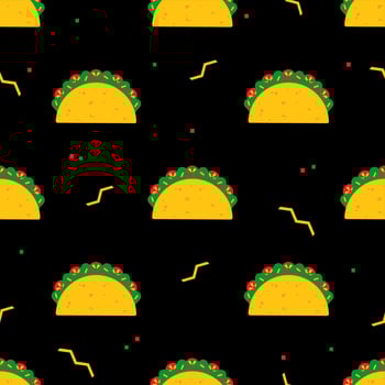 National taco meal festive seamless pattern. Mexican fast food tacos with beef or chicken meat, green salad and red tomato evenly ordered on black background for traditional taco tuesday party vector