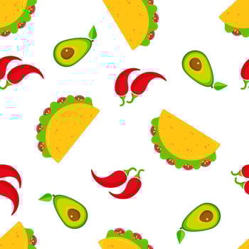 Traditional taco day seamless pattern. National fastfood illustration tacos with beef, salad and tomato, green avocado and hot chili peppers randomly ordered on white background for cafe design vector