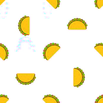 Mexican taco tuesday festival seamless pattern. Delicious fastfood yellow tacos with beef and chicken, green salad and red tomato on white background for cafe party, restaurant season offer design vector