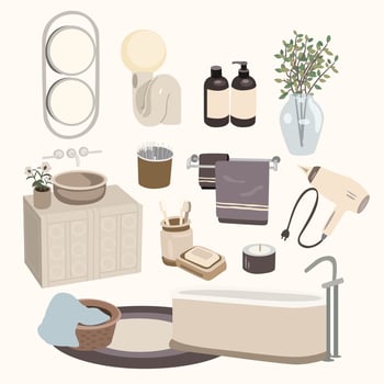 Bathroom furniture for home interior design. Bathroom flat elements, toilet, bathtub, sink and other bathroom cosmetic items. illustration in flat style vector