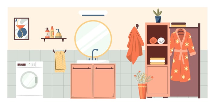 Functional bathroom interior with sink, round mirror, towels and bathrobe, washing machine and storage shelves. Design for home decor, lifestyle blogging or cleaning services. illustration vector