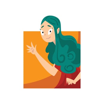 Cute Girl Waving Her Hand while Looking Out Square Shape Cartoon Illustration vector
