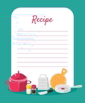 Recipe Cookbook Decorated with Kitchen Tools, Card with Lines for Recipe Placement Illustration vector