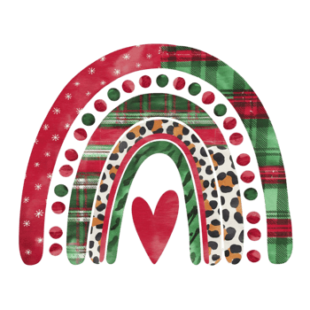 A christmas rainbow features a mix of red, green, and leopard print arcs, accented with polka dots and a central red heart. cutouts png