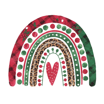 A xmas rainbow features a mix of red, green, and leopard print arcs, accented with polka dots and a central red heart. cutouts png