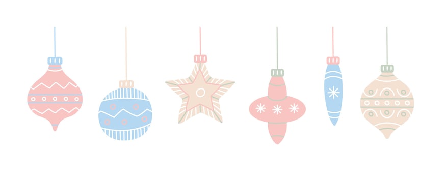 Minimalistic illustration of pastel-colored Christmas ornaments, including baubles and a star, hanging on strings, perfect for festive design projects. vector