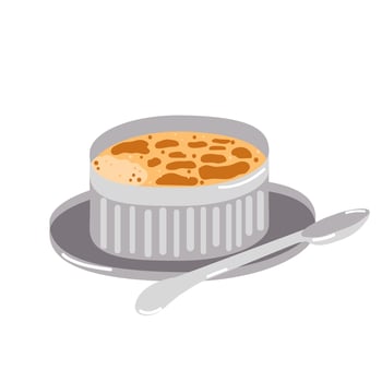 Hand drawn flat food illustration with french creme brulee dessert on a plate with spoon, traditional cuisine. vector