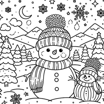 A coloring page with a snowman and a tree vector