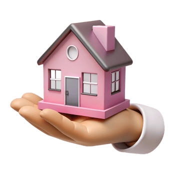 Human hand holding little pink house 3d illustration isolated. Real estate concept png