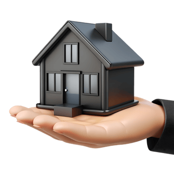 Human hand holding little black house 3d illustration isolated. Real estate concept png