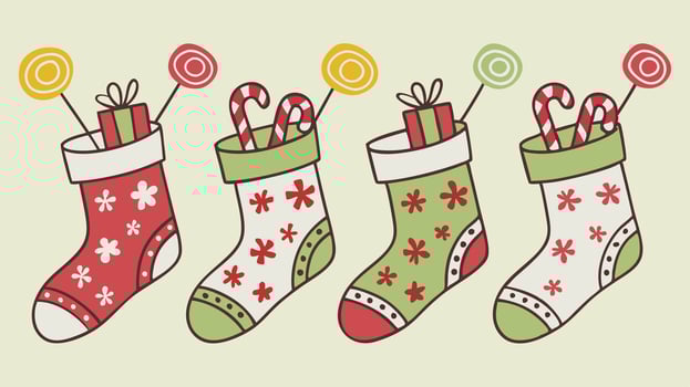 Colorful stockings filled with candy canes, gifts, and lollipops, ready for the holiday season. vector