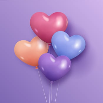 Four glossy heart shaped balloons in pink, orange, blue, and purple floating against a purple background vector
