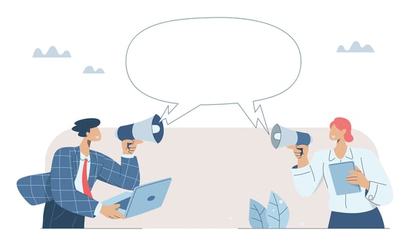 Important notice announcement, Promote products, Marketing communication concept, With large speech bubbles, Male and female staff hold loudspeakers in their hands to announce company news. vector