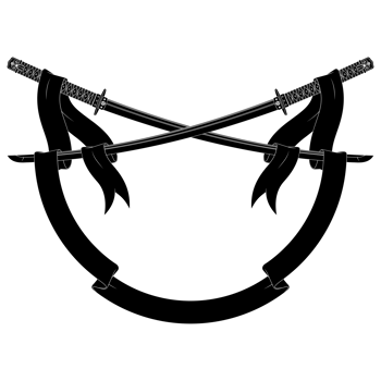 Two swords in a circle with a ribbon around it png