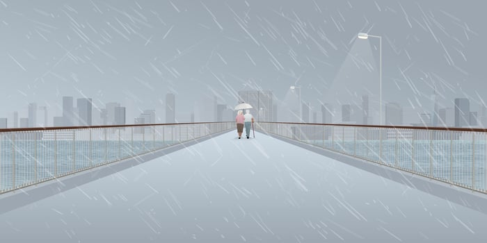 Cityscape in rainy day with couple of elderly lover walking in rain with umbrella on pedestrian bridge across the river have skycrapers and cloudy sky background graphic illustration. vector