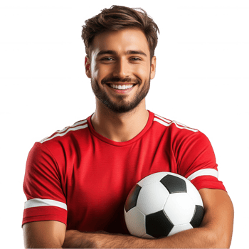 A man in a red shirt holding a soccer ball png