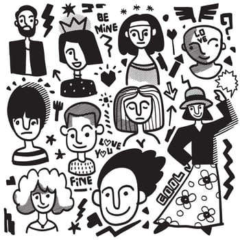 Diverse Character Doodles with Halftone Effect vector