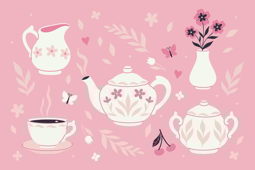 White ceramic tea set sugar bowl, milk jug, mug, teapot and vase of flowers. graphics. vector