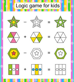 Logic game for children. Find and color the missing parts. Children activity page. Worksheet. vector
