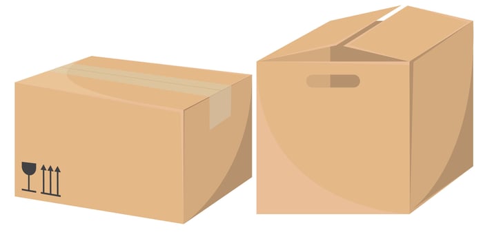 illustrations of craft-style cardboard boxes for delivery, shown in front and side views for a realistic presentation. vector
