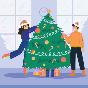 A couple in love stands on the street in winter and greets everyone in Santa Claus hats vector