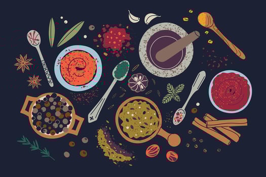 illustration of spices and herbs composition on black background. Flat cartoon design with pepper, garlic, cinnamon, star anise, basil, and spice blends in bowls and decorative spoons vector