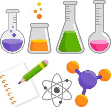 Science and chemistry set. School science, biology or chemistry class equipment. Test tubes and note book for students science project. vector