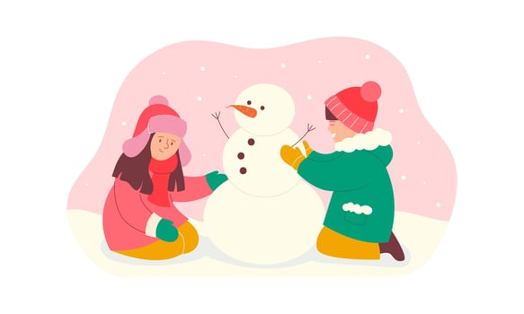 Children building snowman. Winter children's activity vector