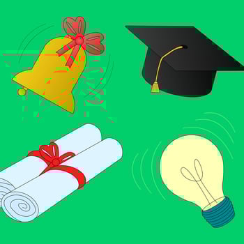 Colorful illustrations of back-to-school symbols, including a graduation cap, diploma, bell, and lightbulb. Perfect for education themes. vector