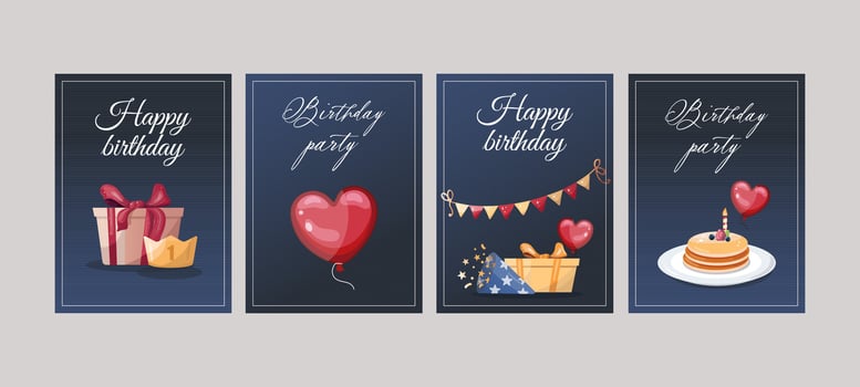 Elegant birthday card designs with balloons, cakes, and decorations vector