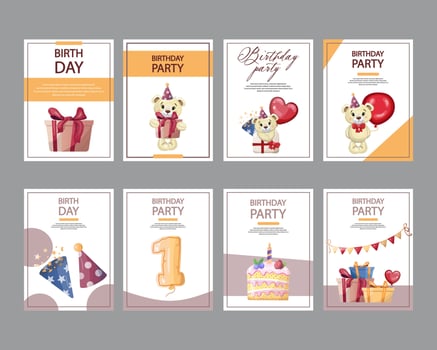 Birthday party card templates with festive designs for invitations vector