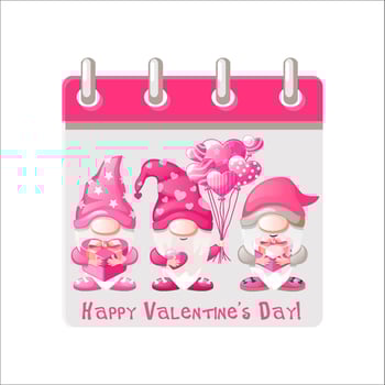 Calendar for Happy Valentine Day with illustration Cartoon Gnomes. Three gnomes holding balloons and gifts in the form of a heart vector
