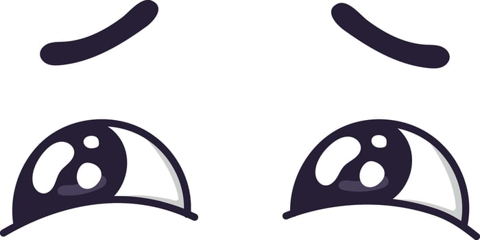 Two sad cartoon eyes are expressing sadness, looking down with eyebrows slightly raised and tears forming at the bottom of the irises, creating a melancholic and empathetic mood vector
