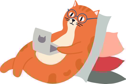 Relaxed ginger cat wearing round glasses and working from home, lying on pillows and using laptop with cat sticker, depicting comfortable and humorous freelance or remote work concept vector