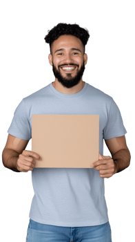 Smiling man holding blank cardboard sign on transparent background png