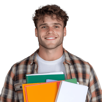 Smiling young man holding colorful notebooks with transparent background png
