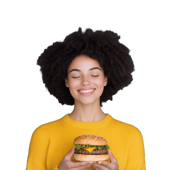 Smiling woman holding a burger with transparent background showcasing joy and deliciousness png