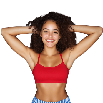 Happy young woman smiling with arms raised on transparent background png