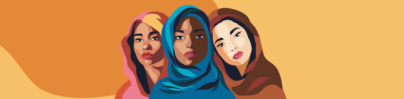 Group of beautiful muslim women. Women's day. Mother's day. illustration for March 8 holiday. vertical flat banner with place for text vector