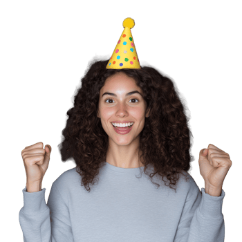 Happy woman celebrating with party hat on transparent background png