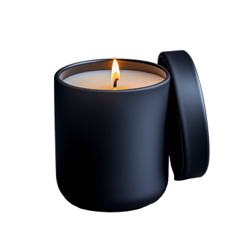 Elegant black candle in holder with flame on transparent background png