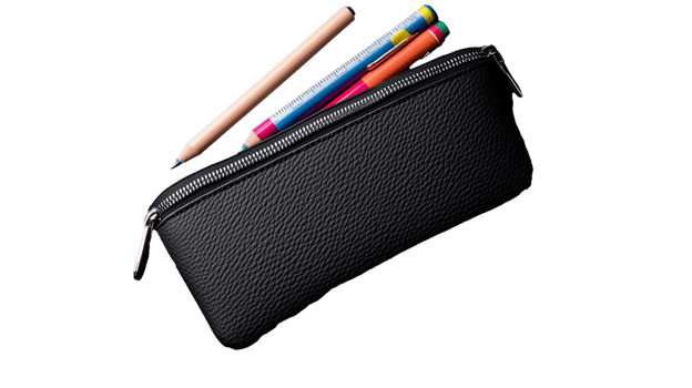 Black zipper pencil case with colorful pencils on transparent background png