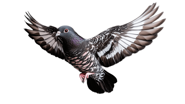 Majestic pigeon in flight with transparent background showcasing vibrant feathers png