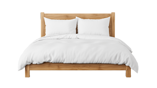 Wooden Bed Frame with White Bedding on Transparent Background png