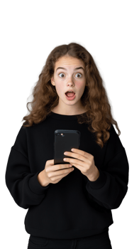 Surprised girl holding smartphone with transparent background for versatile graphic use png