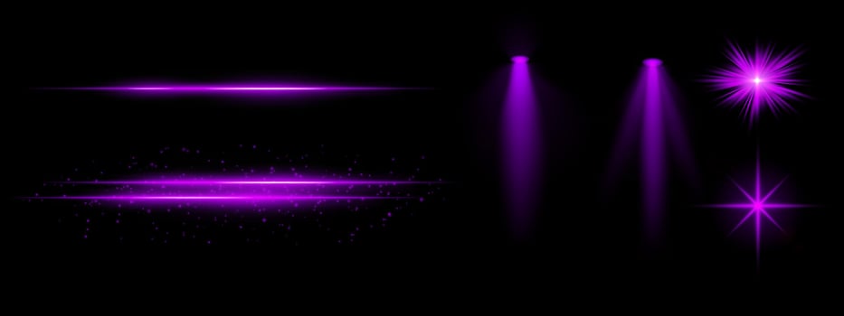 Purple light effects set. Glowing streaks, sparkles, spotlight beams, vibrant starbursts, bright blue illumination, decorative particles, futuristic design, abstract lighting. vector