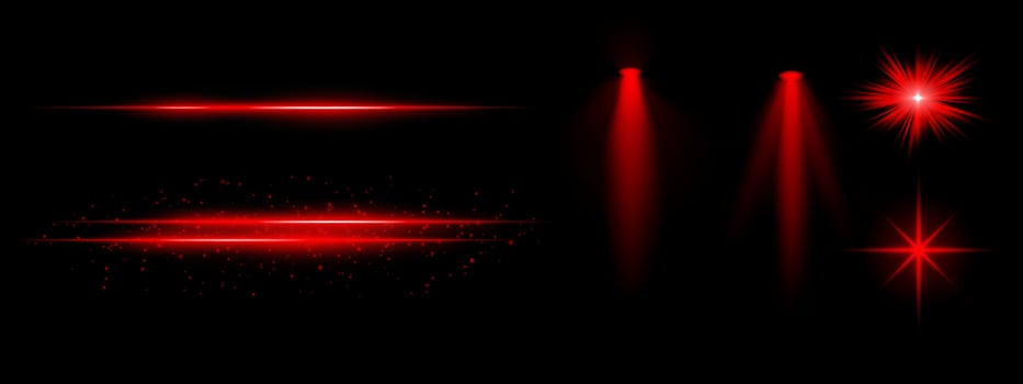 Red light effects set. Glowing streaks, sparkles, spotlight beams, vibrant starbursts, bright blue illumination, decorative particles, futuristic design, abstract lighting. vector