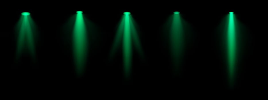 Green spotlight set. Multiple focused beams, ceiling-mounted lighting, bright white glow, stage illumination, modern lighting design, minimalistic decor, professional setup vector