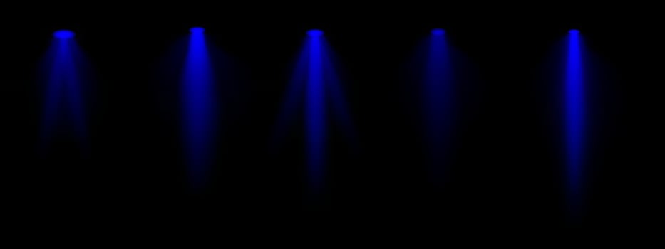 Blue spotlight set. Multiple focused beams, ceiling-mounted lighting, bright white glow, stage illumination, modern lighting design, minimalistic decor, professional setup vector