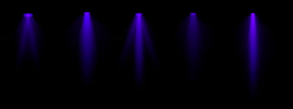 Blue spotlight set. Multiple focused beams, ceiling-mounted lighting, bright white glow, stage illumination, modern lighting design, minimalistic decor, professional setup vector
